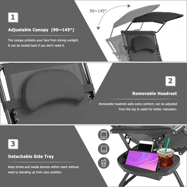 Outdoor Folding Lounge Chair Patio Recliner with Canopy Shade and Cup Holder