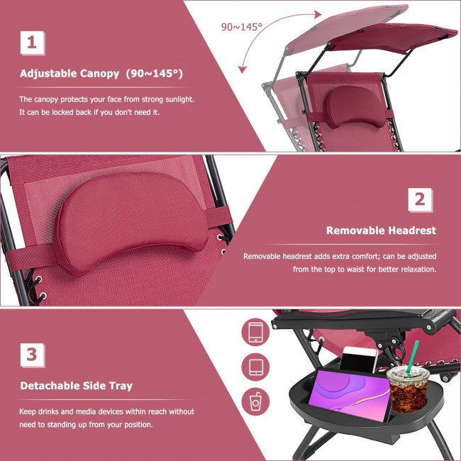 Outdoor Folding Lounge Chair Patio Recliner with Canopy Shade and Cup Holder