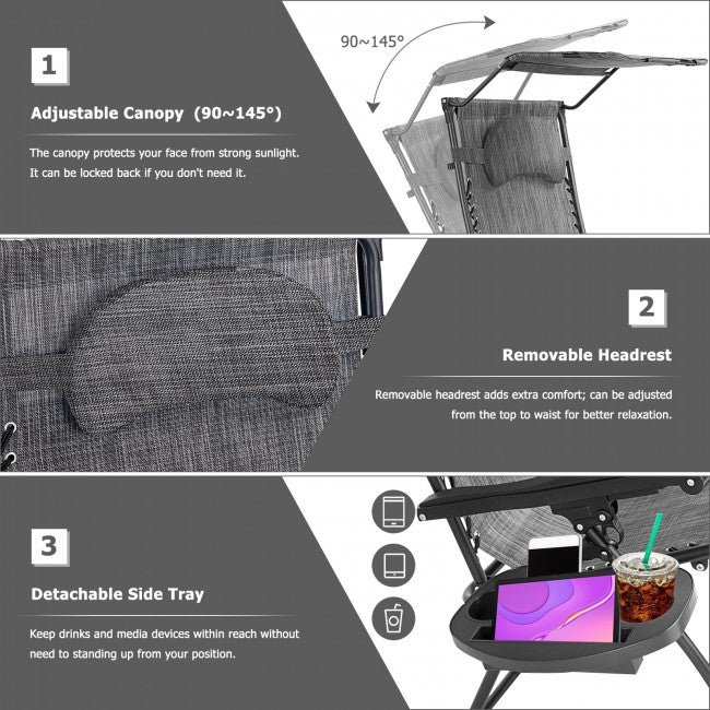 Outdoor Folding Lounge Chair Patio Recliner with Canopy Shade and Cup Holder