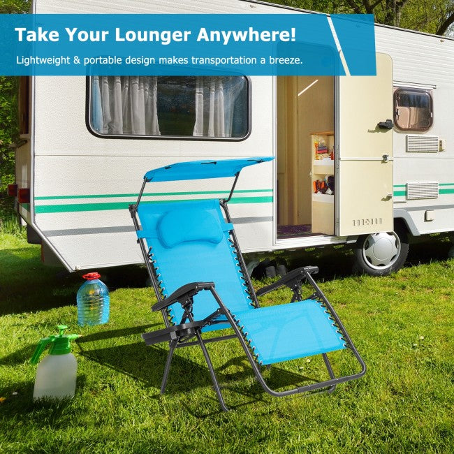 Outdoor Folding Lounge Chair Patio Recliner with Canopy Shade and Cup Holder