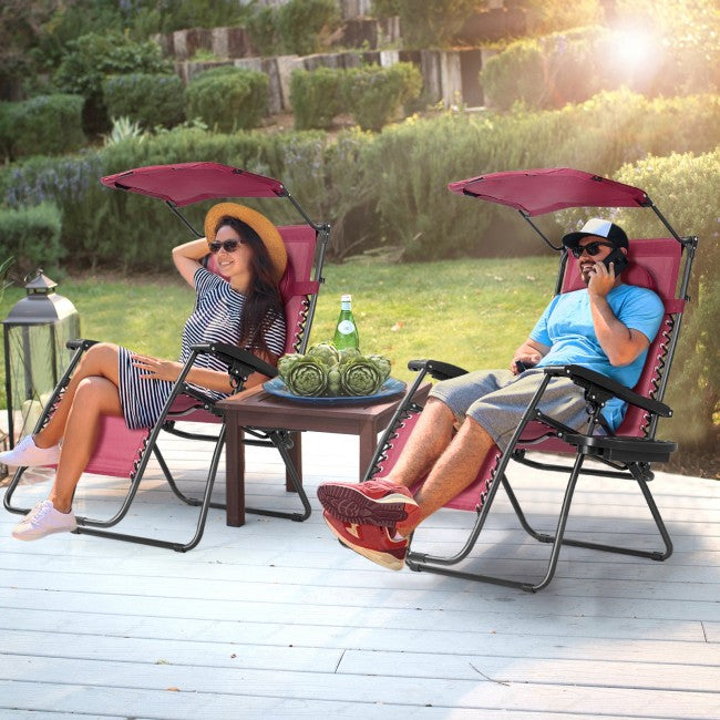 Outdoor Folding Lounge Chair Patio Recliner with Canopy Shade and Cup Holder