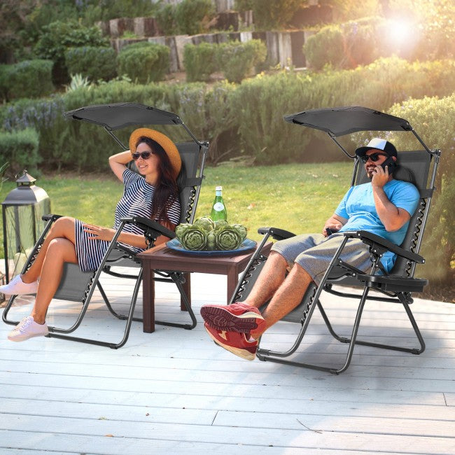 Outdoor Folding Lounge Chair Patio Recliner with Canopy Shade and Cup Holder