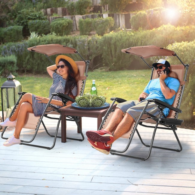 Outdoor Folding Lounge Chair Patio Recliner with Canopy Shade and Cup Holder