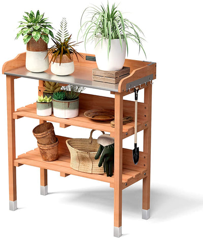 Outdoor Garden Potting Bench Wooden Work Station Table Tool Storage Shelf with Hook and Metal Tabletop