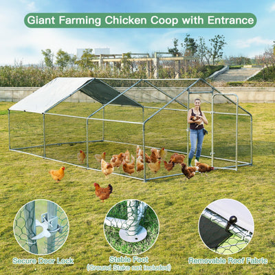 10FT Outdoor Metal Chicken Coop Walk-in Shade Cage Hen Run House Poultry Habitat with Roof Cover