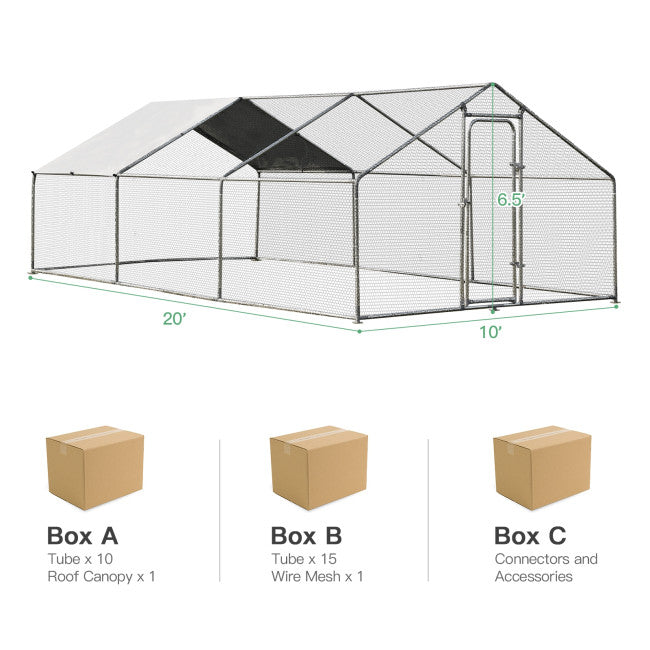 10FT Outdoor Metal Chicken Coop Walk-in Shade Cage Hen Run House Poultry Habitat with Roof Cover