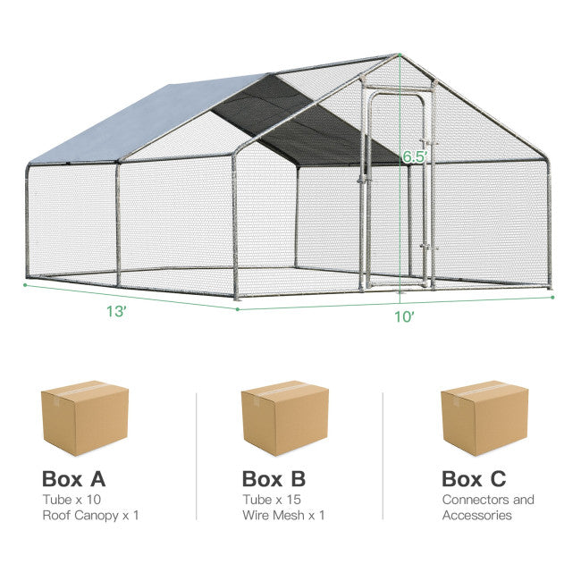 10FT Outdoor Metal Chicken Coop Walk-in Shade Cage Hen Run House Poultry Habitat with Roof Cover