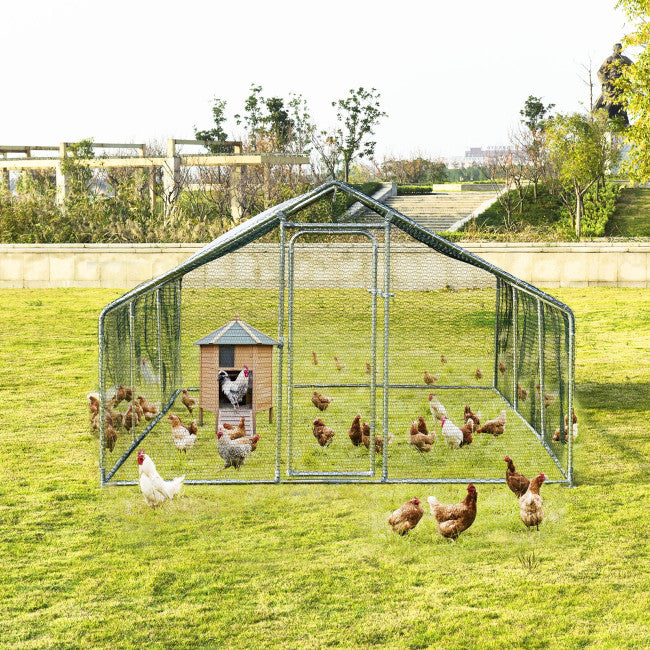 10FT Outdoor Metal Chicken Coop Walk-in Shade Cage Hen Run House Poultry Habitat with Roof Cover