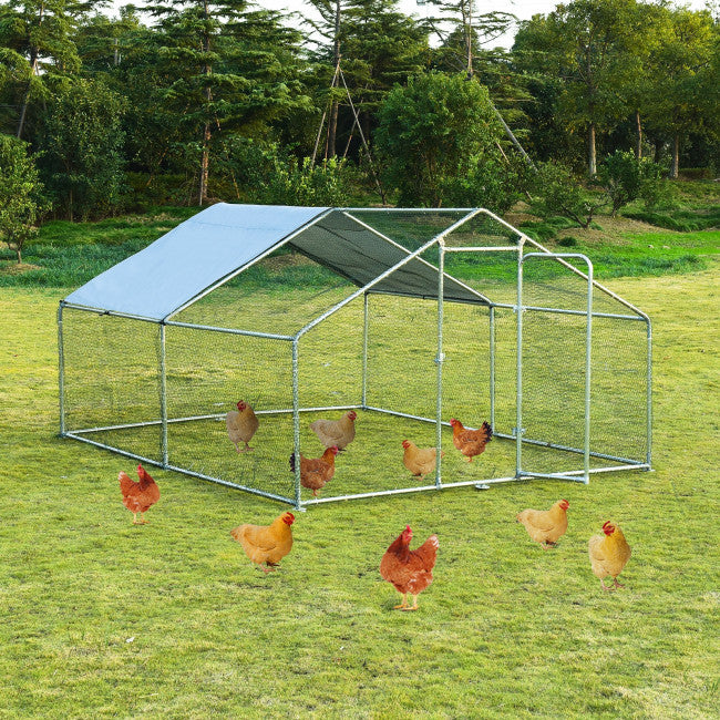 10FT Outdoor Metal Chicken Coop Walk-in Shade Cage Hen Run House Poultry Habitat with Roof Cover