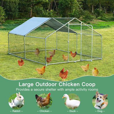 10FT Outdoor Metal Chicken Coop Walk-in Shade Cage Hen Run House Poultry Habitat with Roof Cover