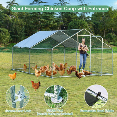10FT Outdoor Metal Chicken Coop Walk-in Shade Cage Hen Run House Poultry Habitat with Roof Cover