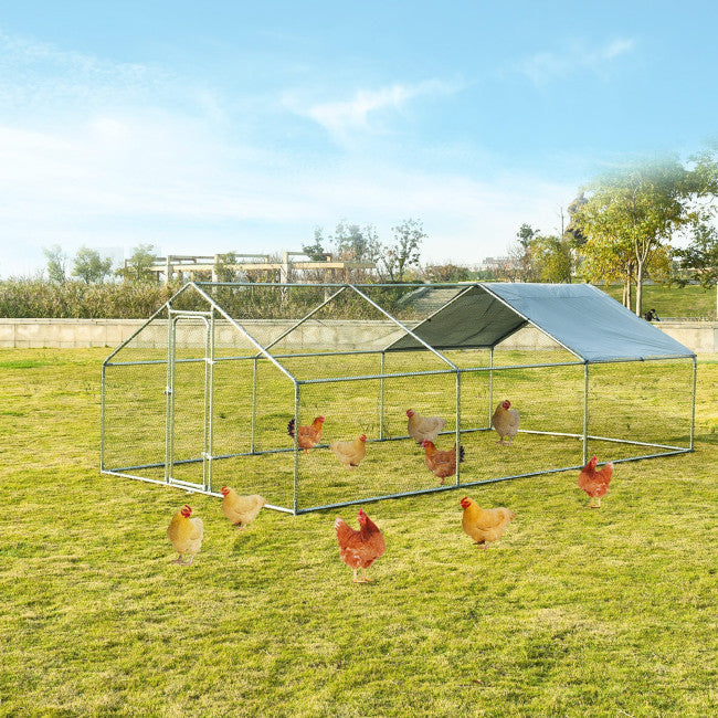 10FT Outdoor Metal Chicken Coop Walk-in Shade Cage Hen Run House Poultry Habitat with Roof Cover