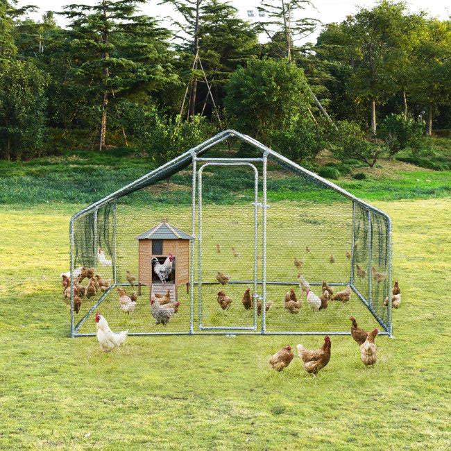 10FT Outdoor Metal Chicken Coop Walk-in Shade Cage Hen Run House Poultry Habitat with Roof Cover