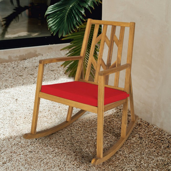 Outdoor Patio Acacia Wood Rocking Chair with Detachable Cushion and Armrest