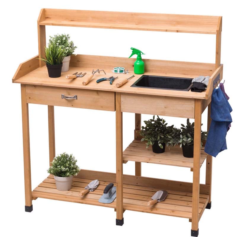 Outdoor Patio Potting Bench Table Garden Wooden Work Station Storage Shelf with Cabinet Drawer