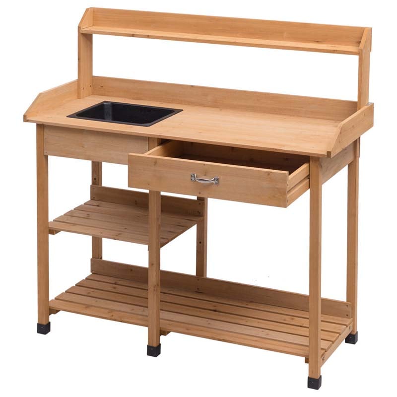 Outdoor Patio Potting Bench Table Garden Wooden Work Station Storage Shelf with Cabinet Drawer