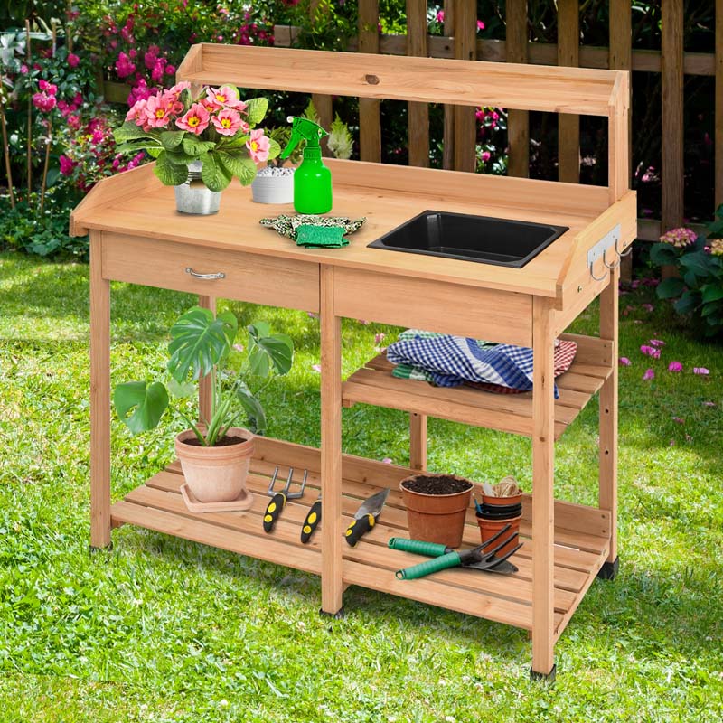 Outdoor Patio Potting Bench Table Garden Wooden Work Station Storage Shelf with Cabinet Drawer