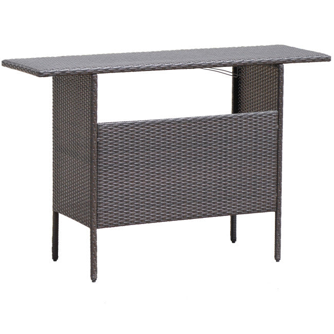 Outdoor Patio Wicker Bar Counter Table Backyard Furniture with 2 Steel Shelves and 2 Sets of Rails