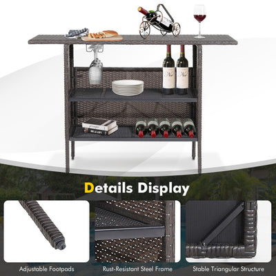 Outdoor Patio Wicker Bar Counter Table Backyard Furniture with 2 Steel Shelves and 2 Sets of Rails