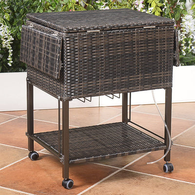Outdoor Portable 108 Quart Rattan Rolling Beverage Cart Wicker Cooler Trolley with Shelf and Wheels
