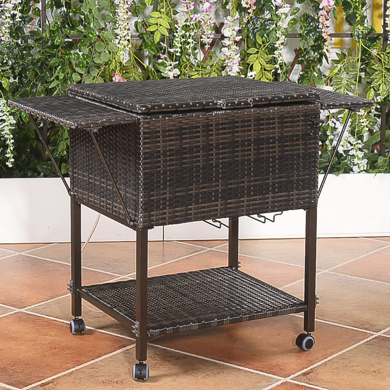 Outdoor Portable 108 Quart Rattan Rolling Beverage Cart Wicker Cooler Trolley with Shelf and Wheels