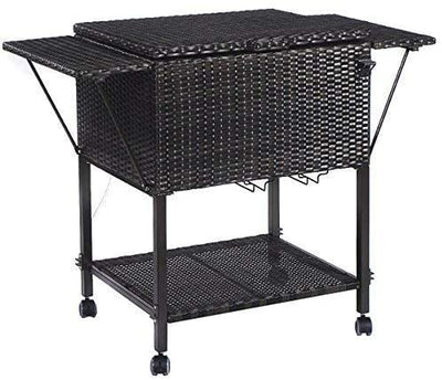 Outdoor Portable 108 Quart Rattan Rolling Beverage Cart Wicker Cooler Trolley with Shelf and Wheels
