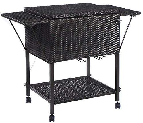 Outdoor Portable 108 Quart Rattan Rolling Beverage Cart Wicker Cooler Trolley with Shelf and Wheels