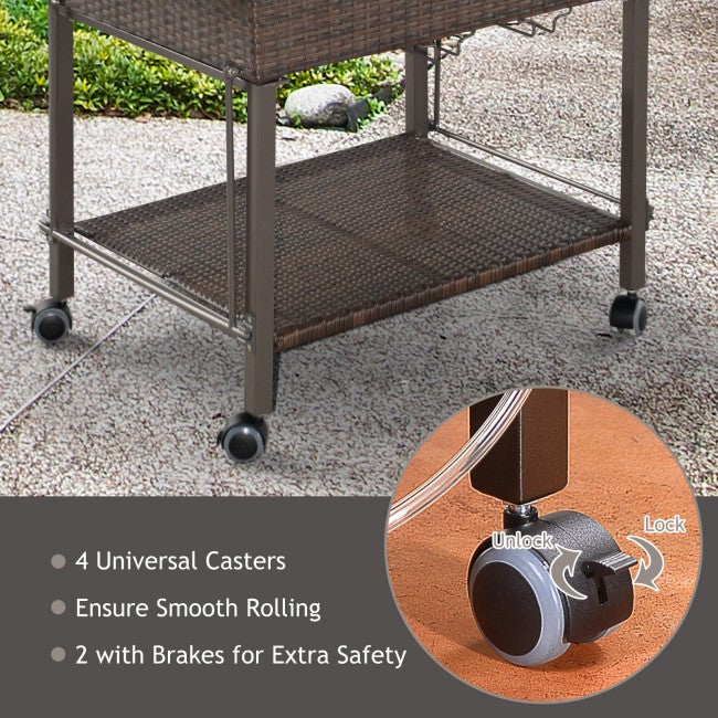 Outdoor Portable 108 Quart Rattan Rolling Beverage Cart Wicker Cooler Trolley with Shelf and Wheels