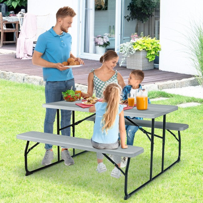Outdoor Portable Folding Picnic Table Bench Set Camping Dining Table Set with Wood-like Texture