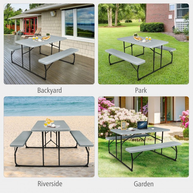 Outdoor Portable Folding Picnic Table Bench Set Camping Dining Table Set with Wood-like Texture