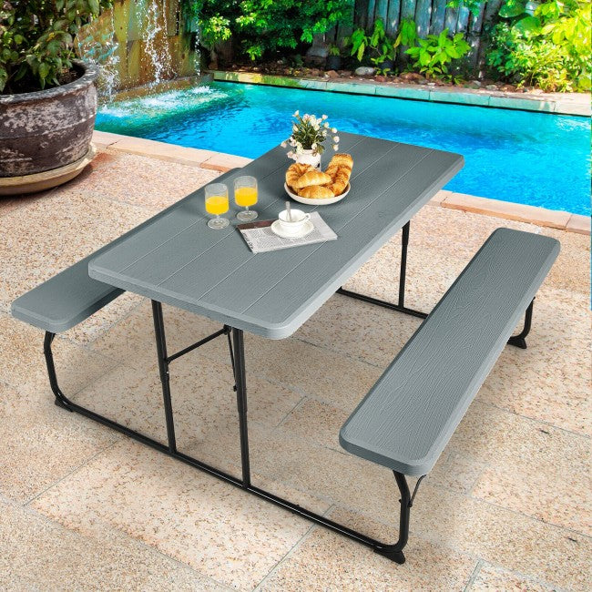 Outdoor Portable Folding Picnic Table Bench Set Camping Dining Table Set with Wood-like Texture
