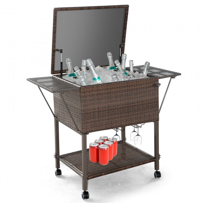 Outdoor Portable 108 Quart Rattan Rolling Beverage Cart Wicker Cooler Trolley with Shelf and Wheels