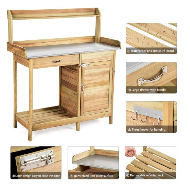 Outdoor Potting Bench Table Garden Wooden Work Station Storage Shelf with Cabinet Drawer