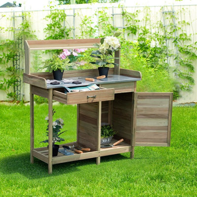 Outdoor Potting Bench Table Garden Wooden Work Station Storage Shelf with Cabinet Drawer