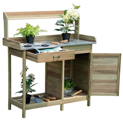 Outdoor Potting Bench Table Garden Wooden Work Station Storage Shelf with Cabinet Drawer