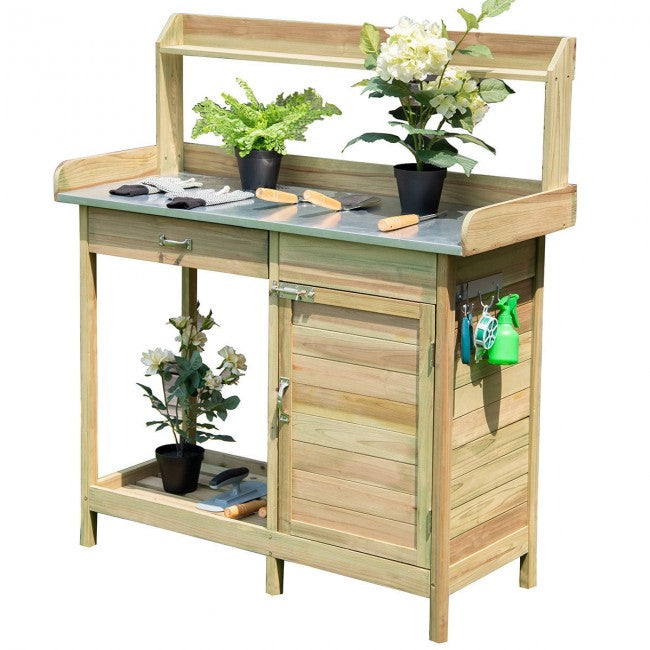 Outdoor Potting Bench Table Garden Wooden Work Station Storage Shelf with Cabinet Drawer