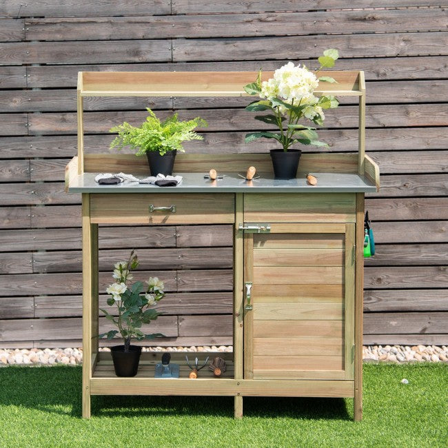 Outdoor Potting Bench Table Garden Wooden Work Station Storage Shelf with Cabinet Drawer