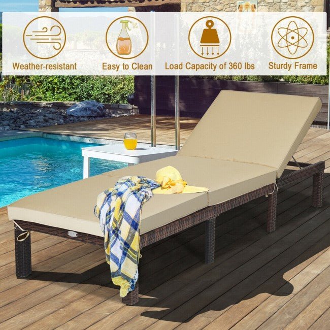 Outdoor Rattan Chaise Lounge Chairs Adjustable Recliner for Beach, Pool