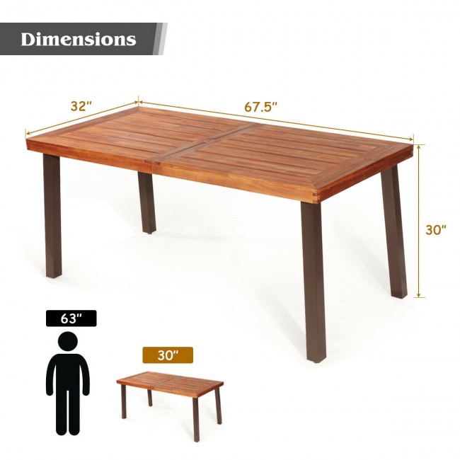 Outdoor Rectangular Acacia Wood Dining Table with Umbrella Hole and Rustic Steel Legs