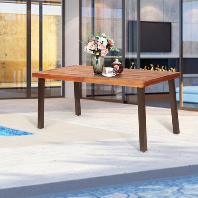 Outdoor Rectangular Acacia Wood Dining Table with Umbrella Hole and Rustic Steel Legs