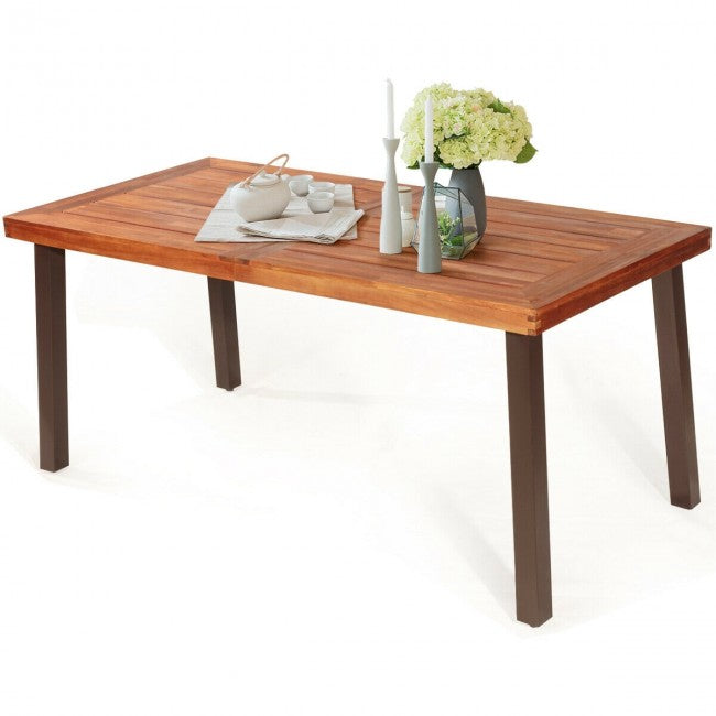 Outdoor Rectangular Acacia Wood Dining Table with Umbrella Hole and Rustic Steel Legs
