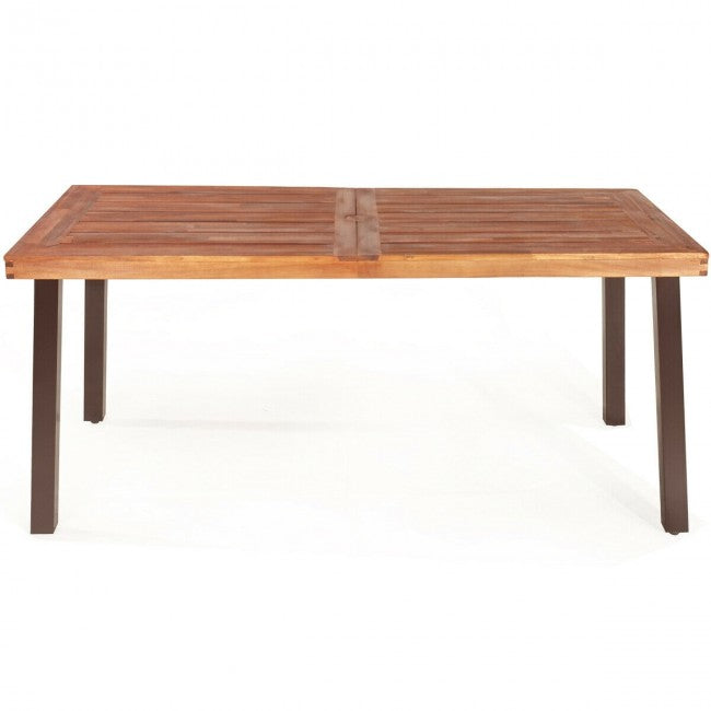 Outdoor Rectangular Acacia Wood Dining Table with Umbrella Hole and Rustic Steel Legs