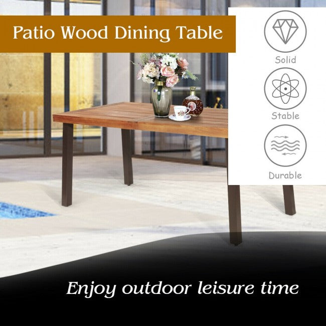 Outdoor Rectangular Acacia Wood Dining Table with Umbrella Hole and Rustic Steel Legs