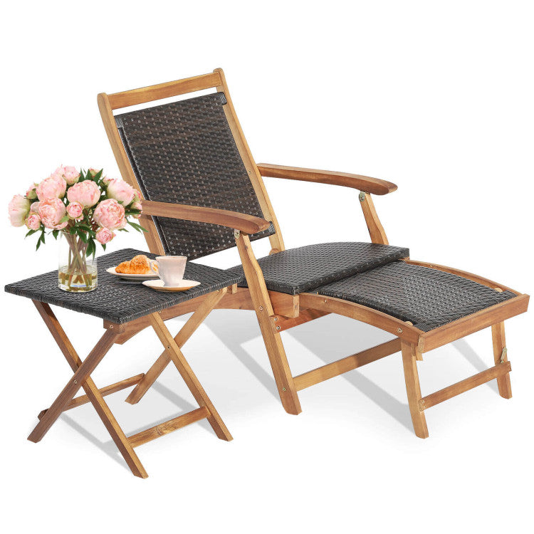 Patio Rattan Folding Chaise Lounge Chair and Side Table Set with Retractable Footrest for Garden Backyard