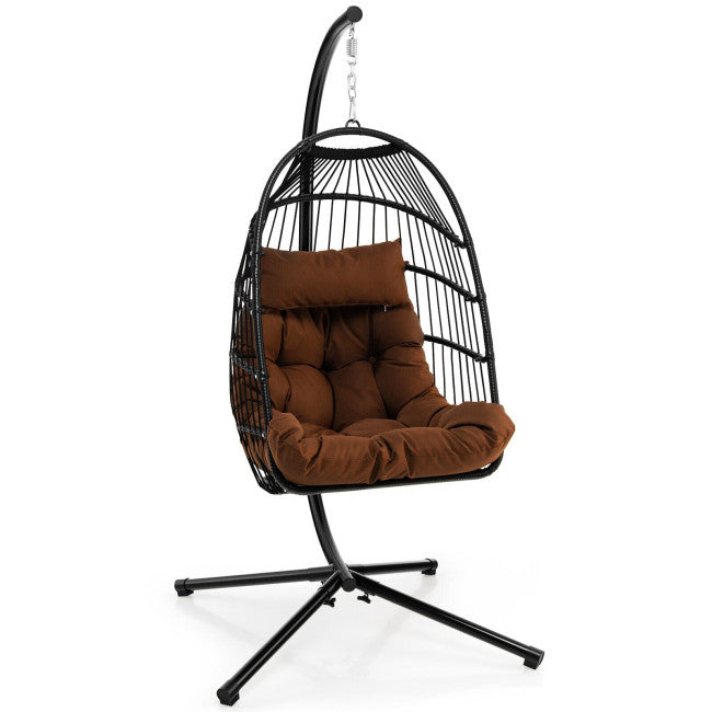 Patio Hanging Egg Swing Chair PE Rattan Hammock Chair with Removable Cushion and Waterproof Cover