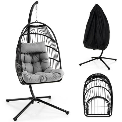 Patio Hanging Egg Swing Chair PE Rattan Hammock Chair with Removable Cushion and Waterproof Cover