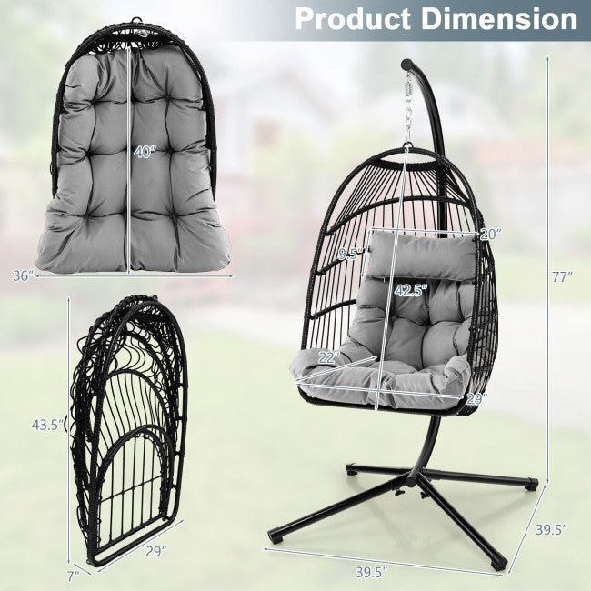 Patio Hanging Egg Swing Chair PE Rattan Hammock Chair with Removable Cushion and Waterproof Cover