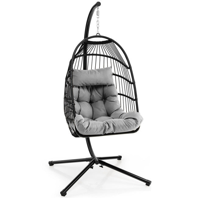 Patio Hanging Egg Swing Chair PE Rattan Hammock Chair with Removable Cushion and Waterproof Cover