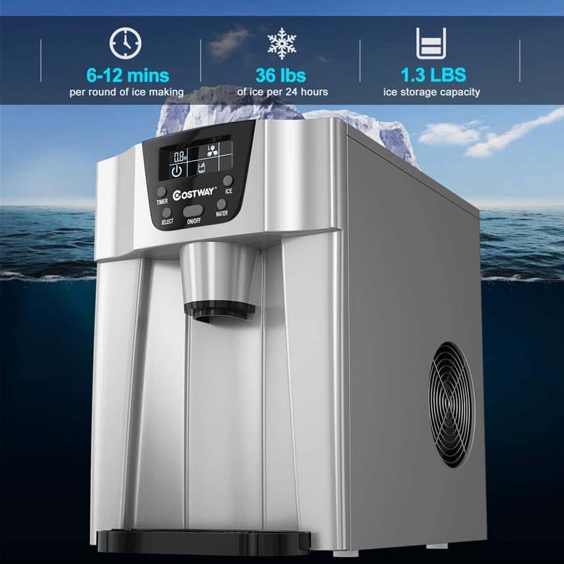 36LBS/24H Portable 2 In 1 Countertop Ice Maker Machine Water Dispenser with Auto-Clean Function