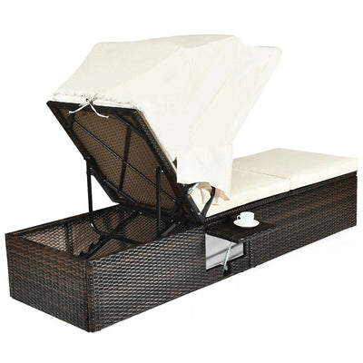 Outdoor Adjustable Rattan Cushioned Chaise Lounge Reclining Chair with Folding Canopy and Flip-up Tea Table